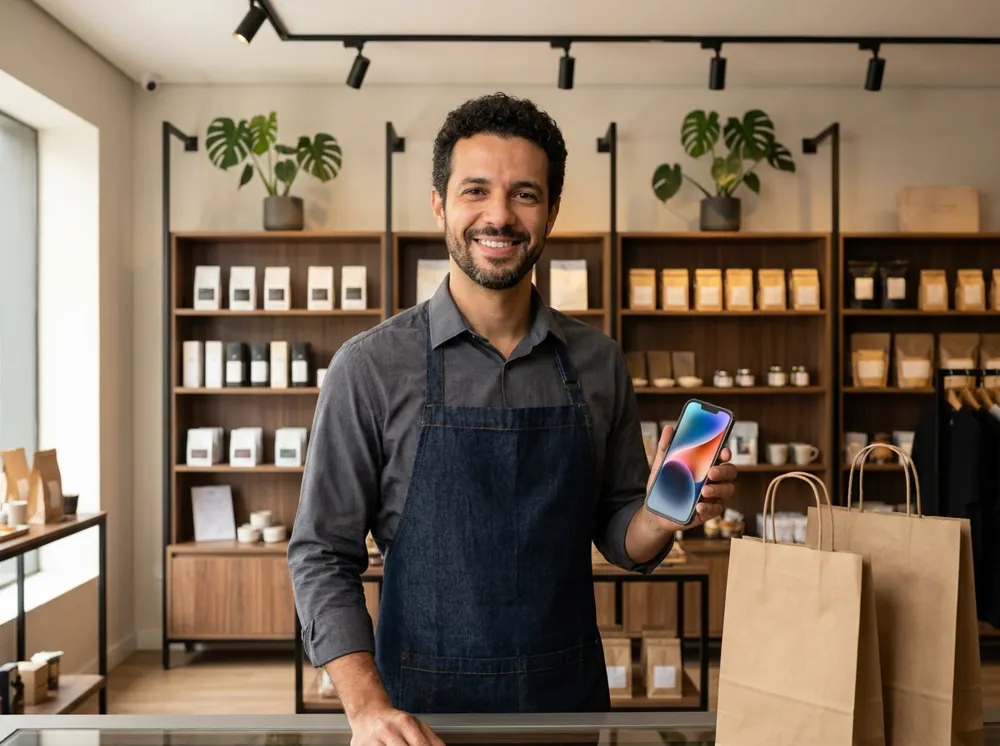 Dono de um comércio moderno atrás do balcão, sorrindo com o celular na mão, prateleiras bem organizadas ao fundo e sacolas de pedido prontas para retirada.