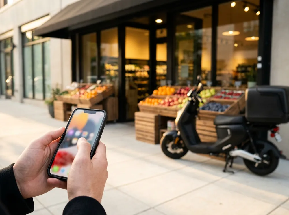 Cliente na calçada fazendo um pedido pelo celular em frente a um mercadinho moderno, com caixotes de frutas frescas bem arrumados na vitrine e a moto de entrega ao lado.