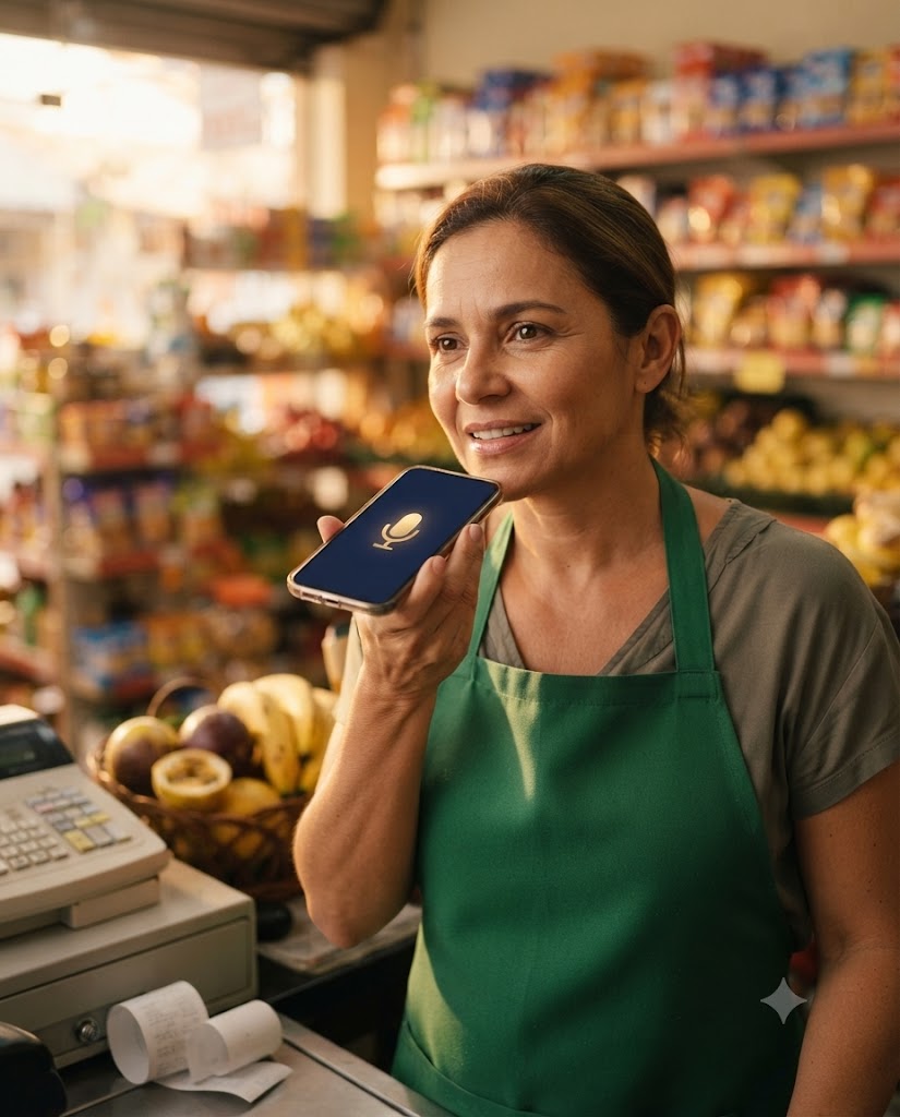 Dona de mercadinho falando com o EscalaTex no celular, atrás do caixa, com a tela do assistente de voz Tex aberta