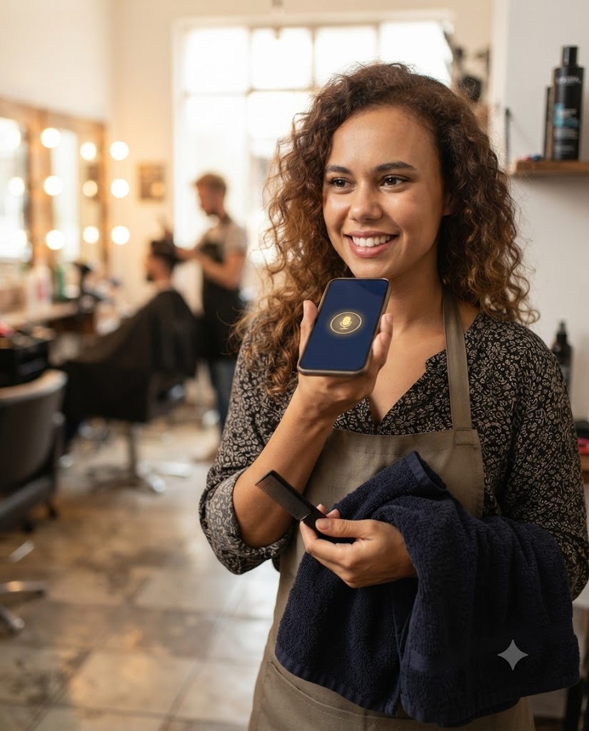 Dona de salão de beleza falando com o EscalaTex no celular entre um atendimento e outro, com o assistente de voz Tex na tela